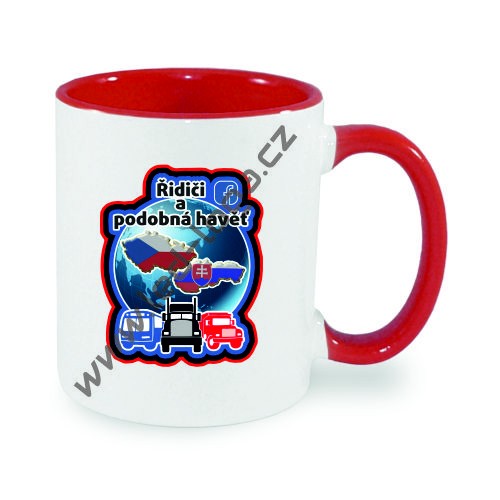 Weißer Becher FUNNY mit rotem Innenteil und Henkel 330 ml + Logo Ř.A.P.H.